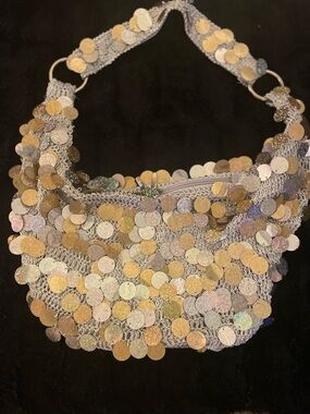 Great Gatsby 16 Sequined Crochet Shoulder Bag with Gold & Silver Discs
